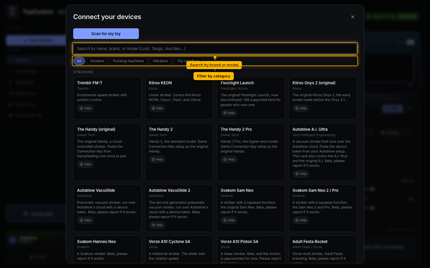 Device picker with the search box and category filters highlighted