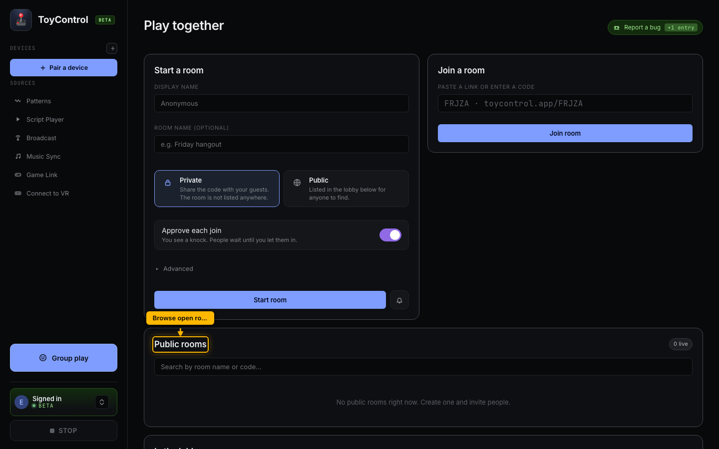 Group play landing with the Public rooms section highlighted