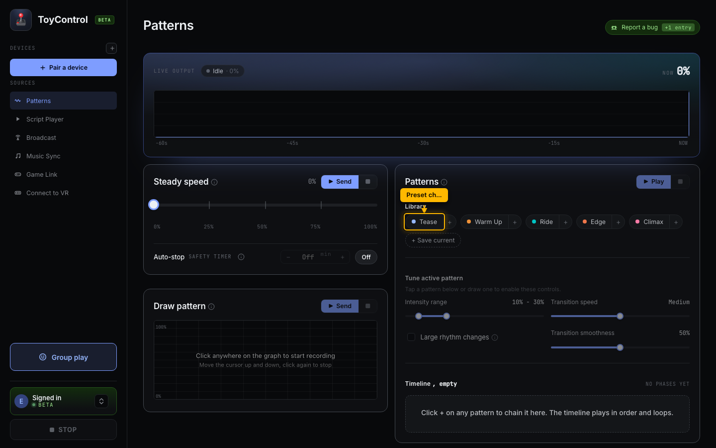 Patterns tab with the preset chips highlighted