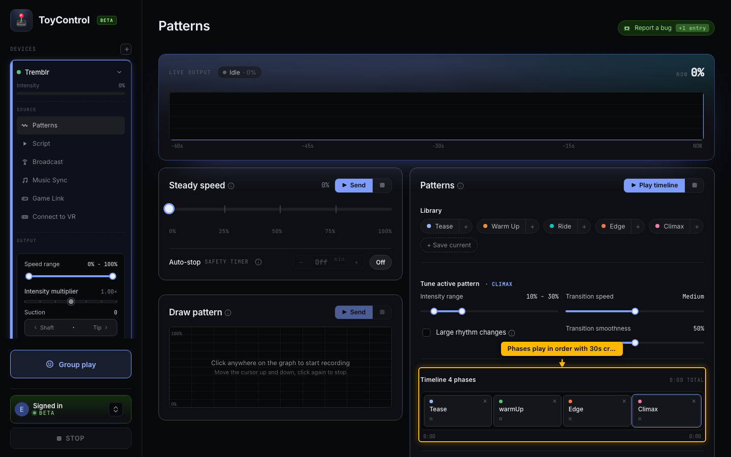 Patterns tab with the configured phase timeline highlighted