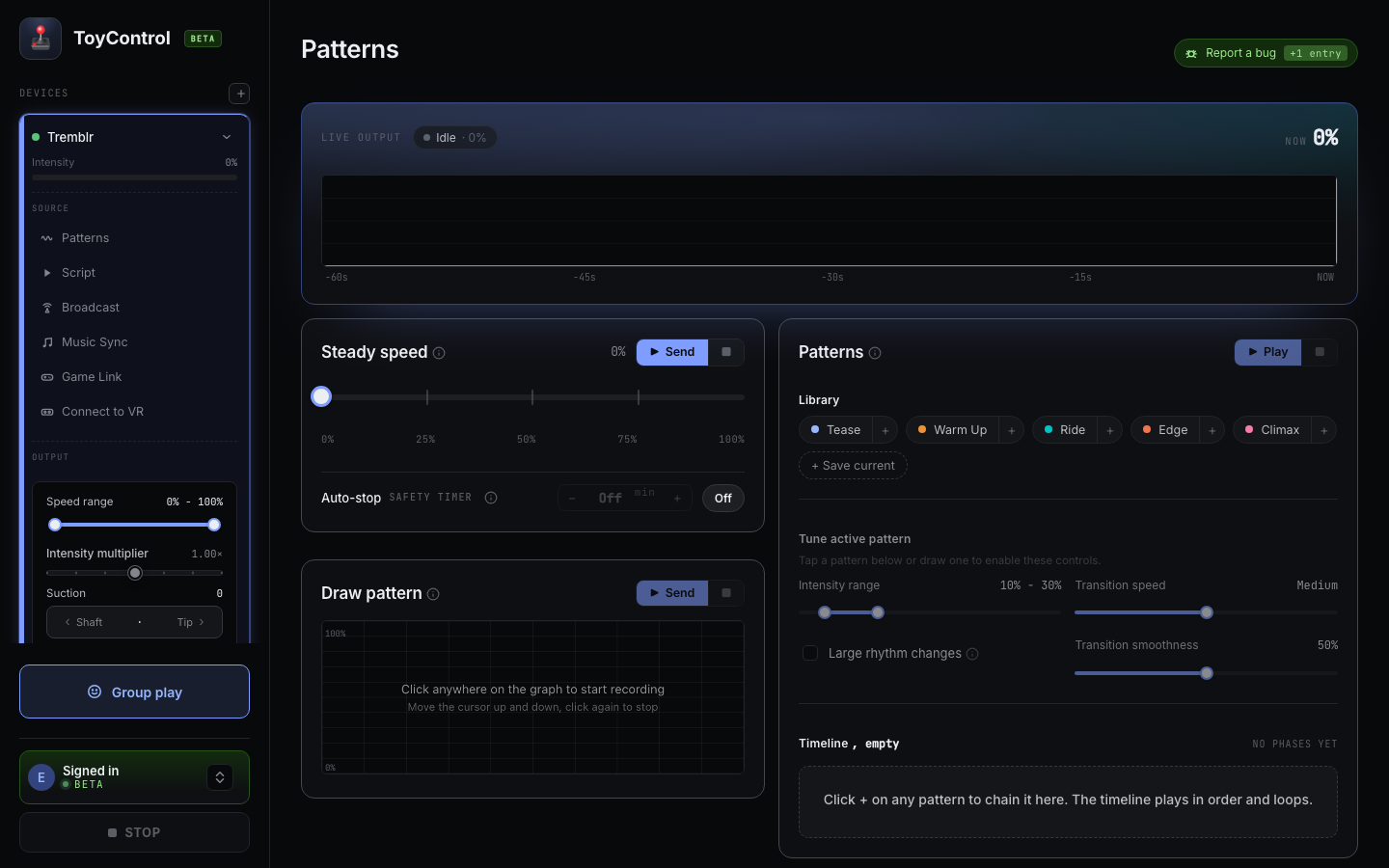 Sidebar with two paired toys, the per-device intensity slider highlighted