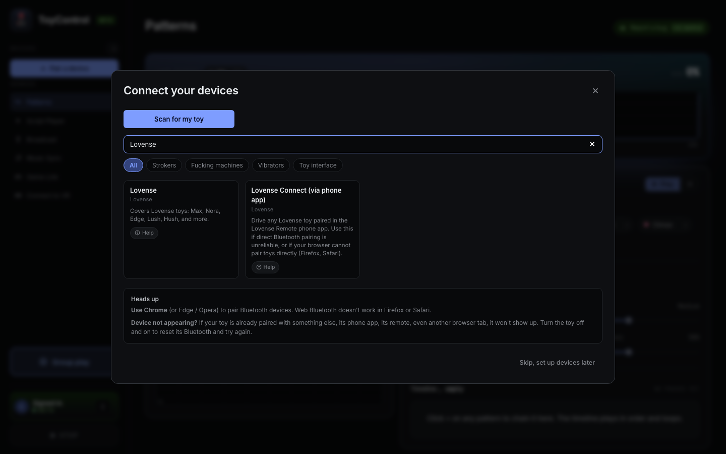 Device picker filtered to Lovense toys