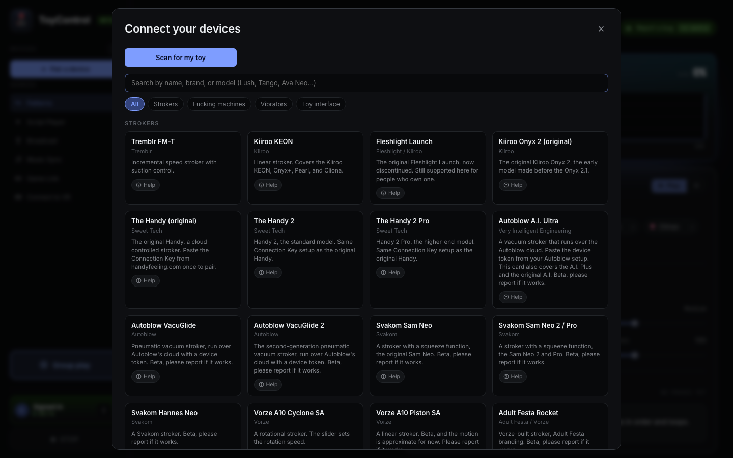 Device picker with the supported toy catalog