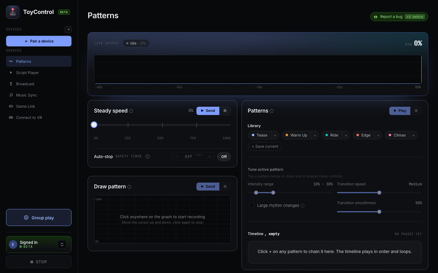 The Patterns tab with preset chips and tuning knobs