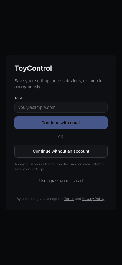 ToyControl welcome page on mobile